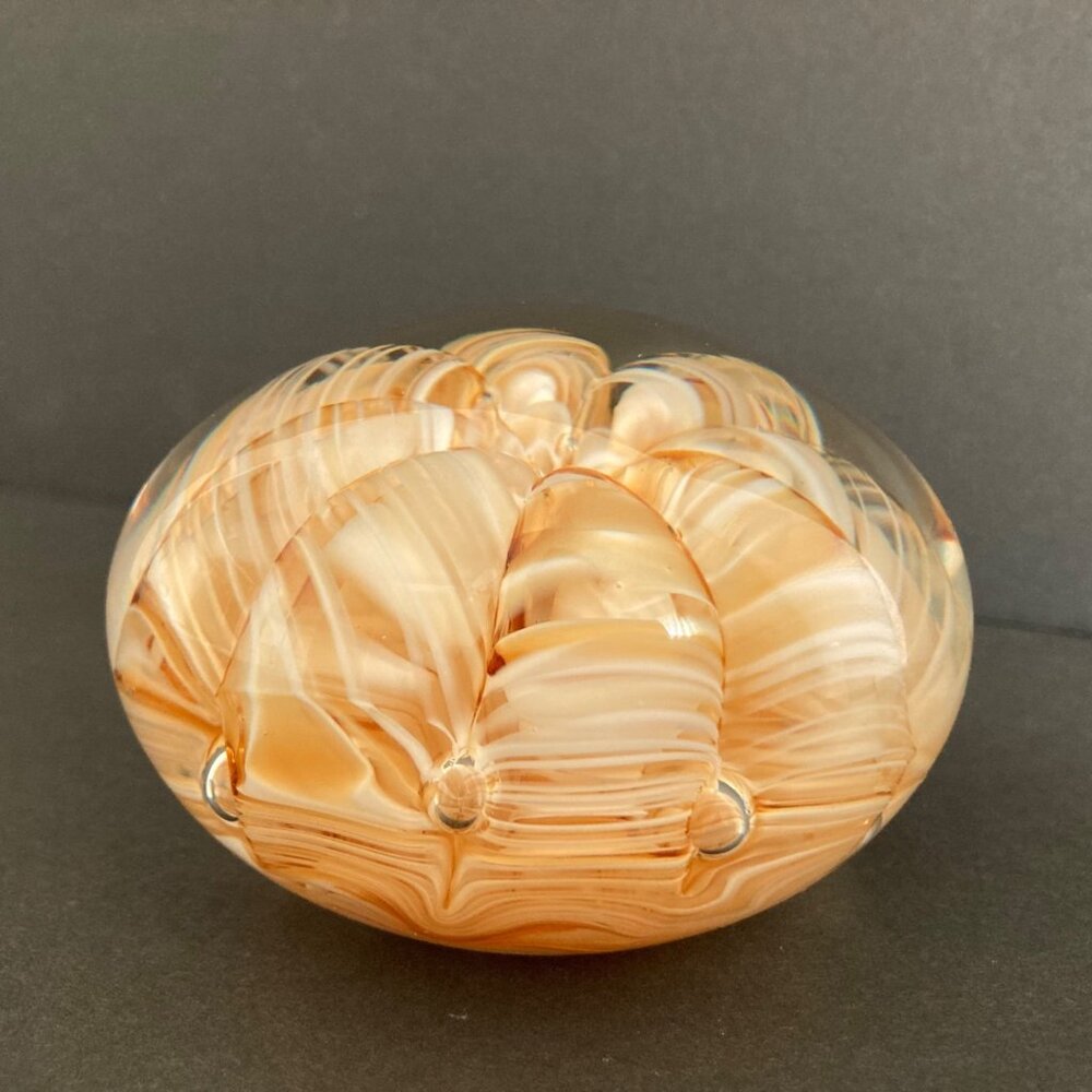 Joe Rice Art Glass Paperweight With Swirled Floral Gold Ribbon Design - Picture 3 of 10